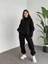Kadın Kapşonlu Sweatshirt ve Paçası Lastikli Üç Iplik Polarlı Oversize Siyah Eşofman Takımı 3