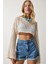 Delikli Mevsimlik Crop Triko Bluz Krem 3