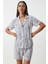 Desenli Viskon Şort Gömlek Pijama Takımı Gri 1