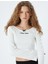Crop Tişört Ispanyol Kollu Slogan Işlemeli Kayık Yaka Fiyonklu Slim Fit 1