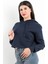 Kadın Kapüşonlu Crop Sweatshirt Ribana Detaylı Oversize Üç İp Lacivert Hoodie - 2543 3