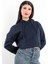 Kadın Kapüşonlu Crop Sweatshirt Ribana Detaylı Oversize Üç İp Lacivert Hoodie - 2543 4