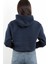 Kadın Kapüşonlu Crop Sweatshirt Ribana Detaylı Oversize Üç İp Lacivert Hoodie - 2543 5