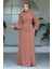 Drape Detaylı Taba Tesettür Abiye Elbise 5711TB 3