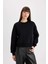 Kadın Siyah Boxy Fit Bisiklet Yaka Kalın Basic Düz Sweatshirt B8568AX24WN 4