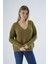 Kadın Olive Oversize V Yaka Nopen Selanik Örgü Yünlü Özel Iplik Triko Örme Kazak TRIST-6160 1