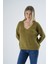 Kadın Olive Oversize V Yaka Nopen Selanik Örgü Yünlü Özel Iplik Triko Örme Kazak TRIST-6160 2