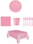 Pembe Renk Plastik Tabak, Bardak, Çatal, Peçete Ve Tek Kullanımlık Masa Örtüsü Seti 1