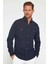 Erkek Slim Fit Uzun Kollu Spor Yaka Yıkamalı Çift Cepli Armürlü Denim Lacivert Gömlek 1