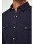 Erkek Slim Fit Uzun Kollu Spor Yaka Yıkamalı Çift Cepli Armürlü Denim Lacivert Gömlek 4