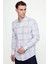 Erkek Slim Fit Dar Kesim Uzun Kollu %100 Pamuk Keten Doku Kareli Düğmeli Yaka Beyaz Gömlek 1