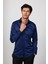 Modern Slim Fit Uzun Kollu Düz Saten Pamuklu Lacivert Erkek Gömlek 1