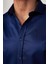 Modern Slim Fit Uzun Kollu Düz Saten Pamuklu Lacivert Erkek Gömlek 4
