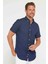 Erkek Slim Fit Dar Kesim Kısa Kollu %100 Pamuk Keten Doku Lacivert Düğmeli Yaka Gömlek 1