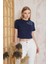 Lacivert Omuzu Papatya Nakışlı Basic Crop T-Shirt- 2413 1