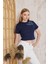 Lacivert Omuzu Papatya Nakışlı Basic Crop T-Shirt- 2413 2