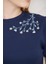 Lacivert Omuzu Papatya Nakışlı Basic Crop T-Shirt- 2413 3