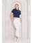 Lacivert Omuzu Papatya Nakışlı Basic Crop T-Shirt- 2413 4
