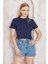 Lacivert Omuzu Gül Nakışlı Basic Crop T-Shirt- 2412 1