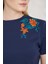 Lacivert Omuzu Gül Nakışlı Basic Crop T-Shirt- 2412 3