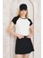 Siyah Beyaz Parçalı Sıfır Yaka Basic Crop T-Shirt- 2407 1