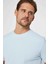 Erkek Slim Fit Dar Kesim %100 Pamuk Yumuşak Dokulu Desenli Mavi Bisiklet Yaka T-Shirt 3