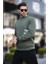 Haki Bisiklet Yaka Şardonlu Cep Detaylı Baskılı Erkek Sweatshirt 7061 3