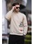 Bej Bisiklet Yaka Şardonlu Cep Detaylı Baskılı Erkek Sweatshirt 7061 3