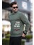 Haki Bisiklet Yaka Şardonlu Cep Detaylı Baskılı Erkek Sweatshirt 7061 1