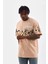 Bisiklet Yaka Baskılı Oversize T-Shirt - Bej 3