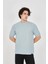 Unisex Waffle Kumaş Rahat Kol T-Shirt - Buz Mavisi 1