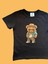 Siyah Pamuklu Penye Kısa Kollu Şapkalı Cool Ayıcık Baskılı Kız Erkek Çocuk T-Shirt 2
