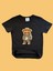 Siyah Pamuklu Penye Kısa Kollu Şapkalı Cool Ayıcık Baskılı Kız Erkek Çocuk T-Shirt 3