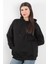 Kadın Kapüşonlu Oversize Sweatshirt Üç İplik Kanguru Cepli Siyah Hoodie - 2502 2