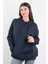 Kadın Kapüşonlu Oversize Sweatshirt Üç İplik Kanguru Cepli Lacivert Hoodie - 2502 2