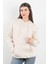 Kadın Kapüşonlu Oversize Sweatshirt Üç İplik Kanguru Cepli Bej Hoodie - 2502 2