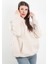 Kadın Kapüşonlu Oversize Sweatshirt Üç İplik Kanguru Cepli Bej Hoodie - 2502 4