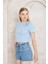 Mavi Omuzu Papatya Nakışlı Basic Crop T-Shirt- 2413 3