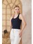 Lacivert Görünümlü Fitilli Basic Kalın Askılı Kadın Crop Atlet- 2403 2