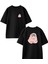 Siyah Oversize Pamuk Battaniye Sarılmış Kedi Ön Arka Baskılı Örme T-Shirt 1