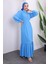 Mavi Yaka Taşlı Eteği Katlı Elbise 2