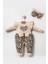 3-6-9 Ay Kız Bebek Tulum Leopar Desenli Fiyonklu %100 Pamuk Krem 2