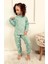 Kız Çocuk Fitilli Kumaş Çiçek Desenli Pijama Takımı Esnek Kumaş Yeni Sezon Yeşil Renk 1