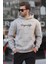 Boyalı Gri Baskılı Kapşonlu Cep Detaylı Erkek Sweatshirt 7075 1