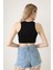 Kadın Halter Yaka Kolsuz Karyoka Dikiş Fitilli Siyah Crop Top Body Bluz 4