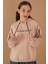 Bej Baskılı Kız Çocuk Şeritli Kapüşonlu Sweatshirt 19220 1