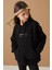 Siyah Göğüs Yazılı Kanguru Cepli Kapüşonlu Kız Çocuk Sweatshirt 19336 3