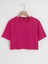 Kadın Oversize Bisiklet Yaka Düz Crop T-Shirt - Fuşya 1