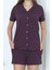 Kadın Şortlu Pijama Takımı Kısa Kollu Düğmeli Cepli Mürdüm Çizgili 1