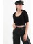 Yarım Kol Fitilli Crop Top Siyah 1